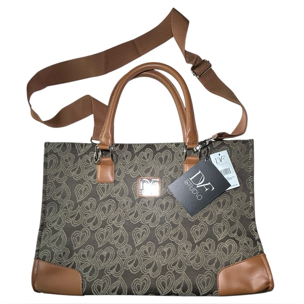 $200 Diane Von Furstenberg Jacquard Hearts Fashion Tote DVF Canvas + Olive Green